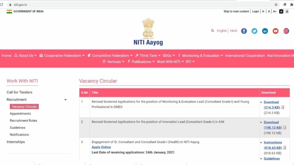NITI Aayog Recruitment 2021