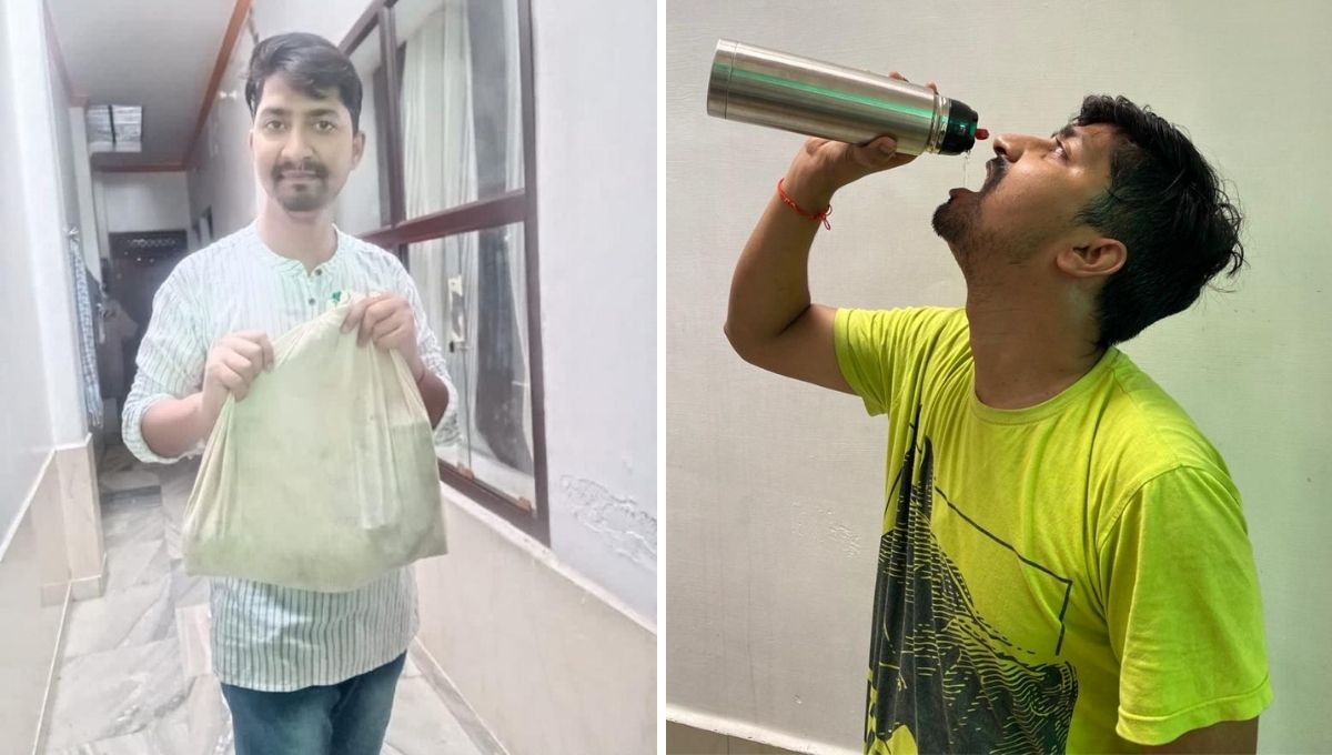 Man with Cloth Bag and drinking water from Steel Bottle