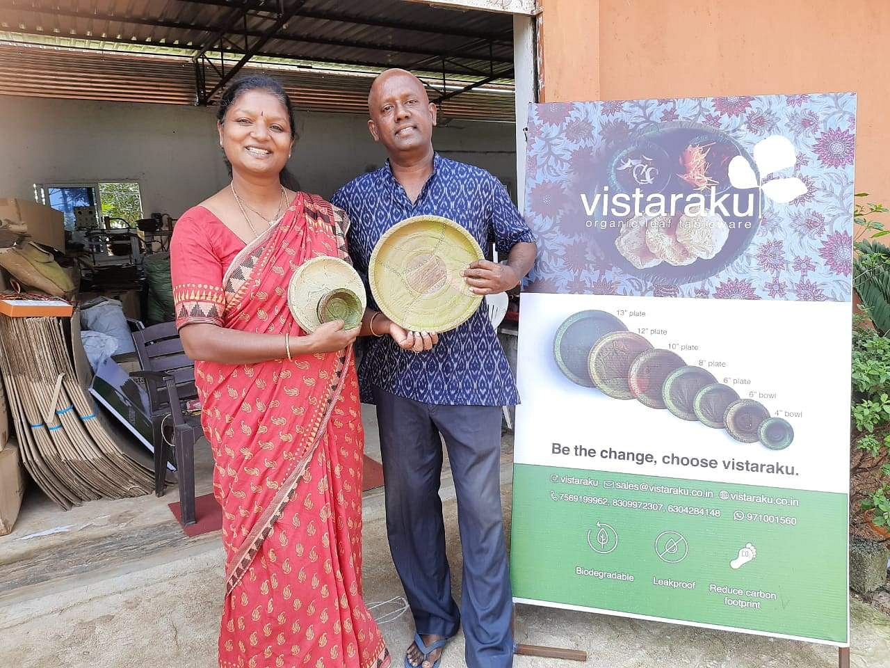 Madhavi and Venugopal with eco friendly plates 