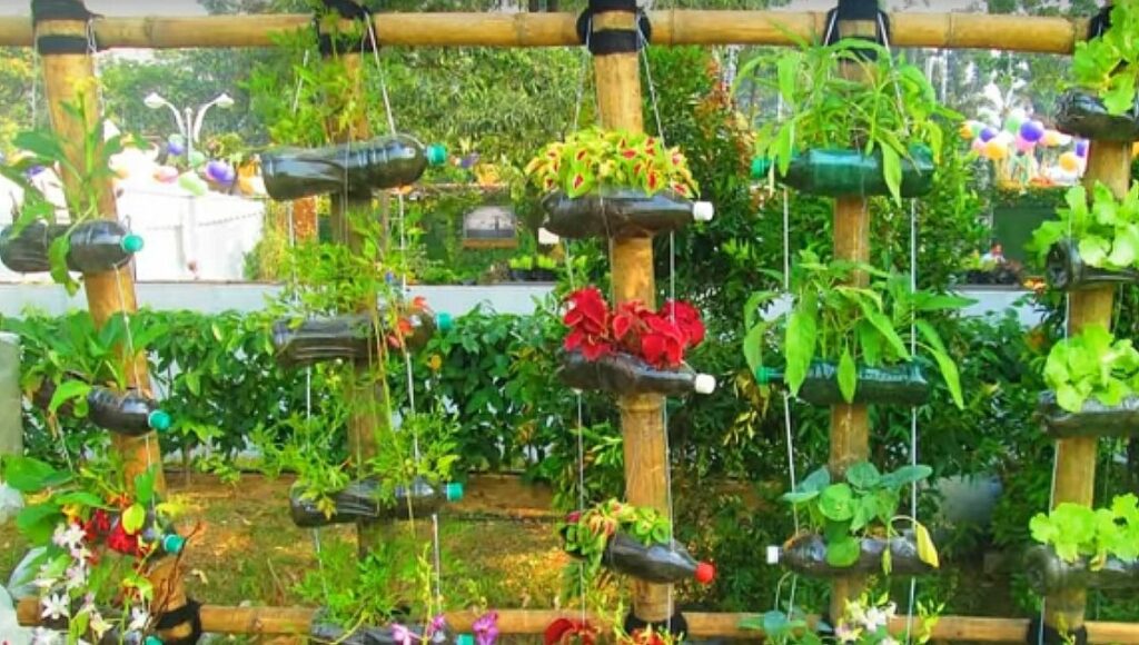 Planters made of plastic bottles for railing 