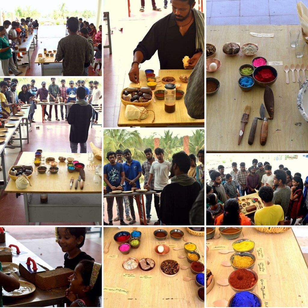Bhutha Architects founders giving training in natural color making in a workshop organized at NR School of Architecture, Coimbatore