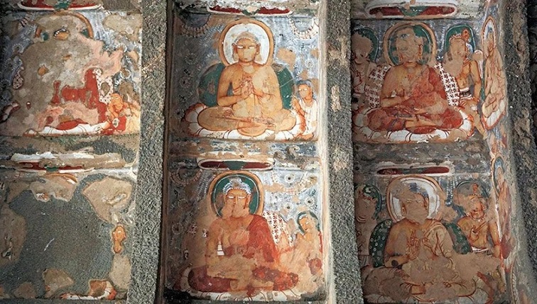 Ajanta caves include paintings and rock-cut sculptures described as among the finest surviving examples of ancient Indian art Ajanta caves include paintings and rock-cut sculptures described as among the finest surviving examples of ancient Indian art