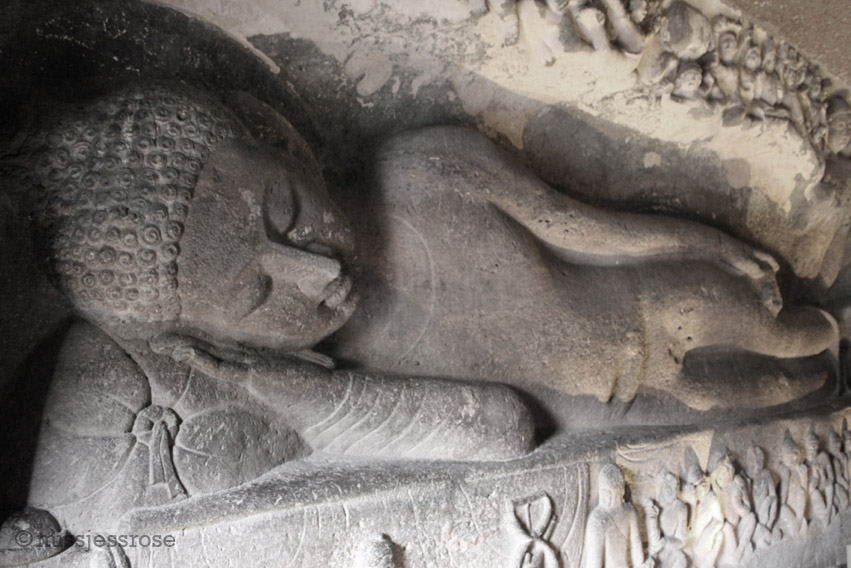 An ancient 24-foot reclining Buddha inside the Ajanta caves