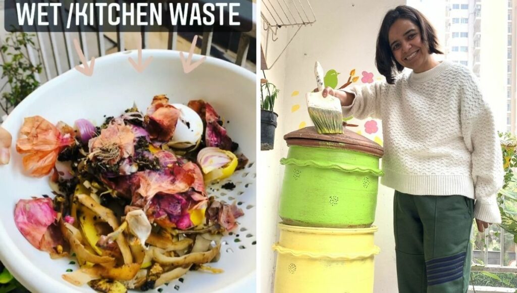 Priti is living zero waste lifestyle  she is using compost bin for wet waste 