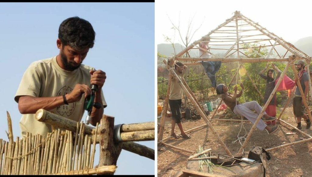 during a workshop Tushar is making mud house 