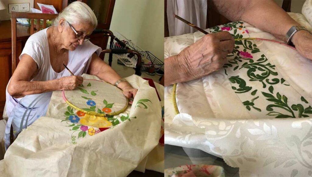 Padamini Nair 100 years old lady doing saree painting 