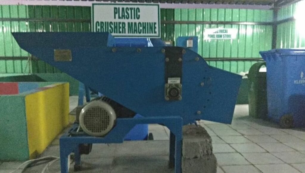 Plastic bottle crushing machine installed at Gandhidham railway station.